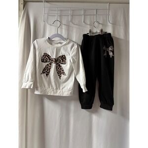 Kids White Long Sleeve Top & Black‎ Pants Set Leopard Bow Print Outfit Size 2-3Y